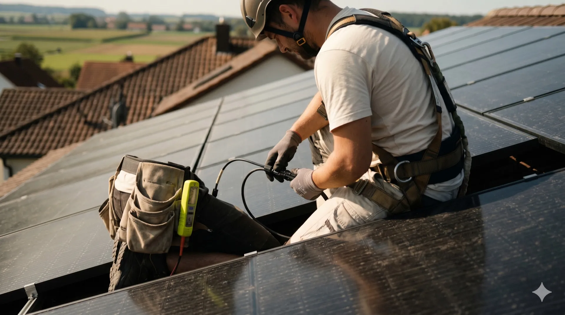 Solar-Installateur mit Helm und Sicherungsgurt zwischen PV-Modulen auf einem geneigten Wohnhausdach, Werkzeuggürtel mit Spannungsprüfer