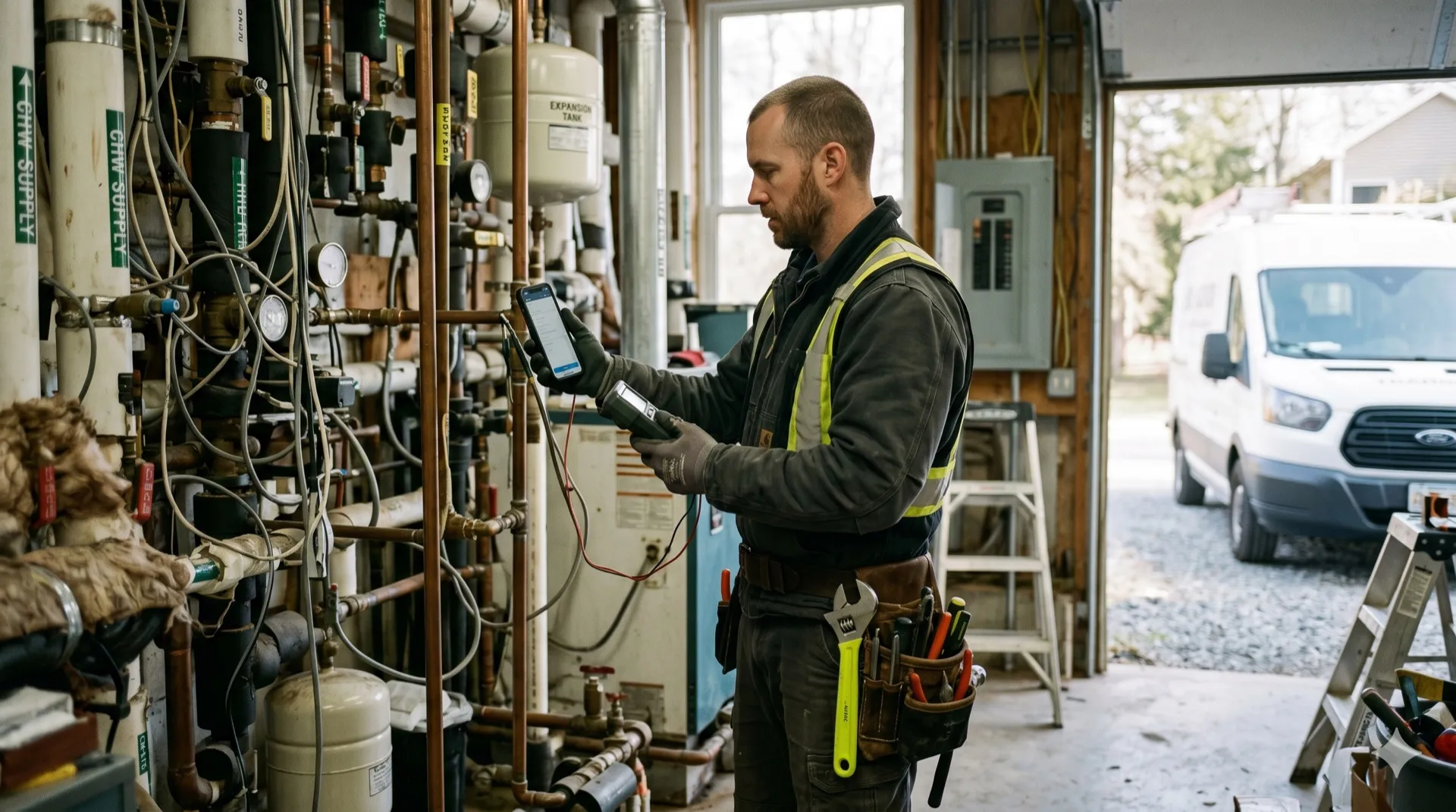 Handwerker in Arbeitskleidung mit Tablet und Messgerät in einem Heizungs-Technikraum, Servicewagen im Hintergrund